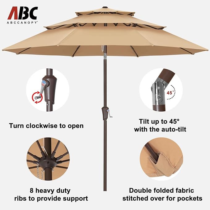 ABCCANOPY 10Ft 3 Tiers Market Umbrella, Outdoor Table Umbrella for Patio, Deck, Backyard (Khaki)