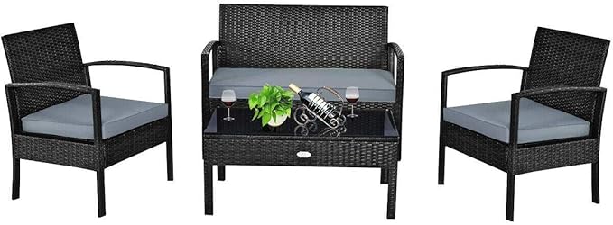 HAPPYGRILL 4-Piece Patio Furniture Set Rattan Wicker Sofa & Coffee Table Outdoor Conversation Set for Patio Garden Poolside