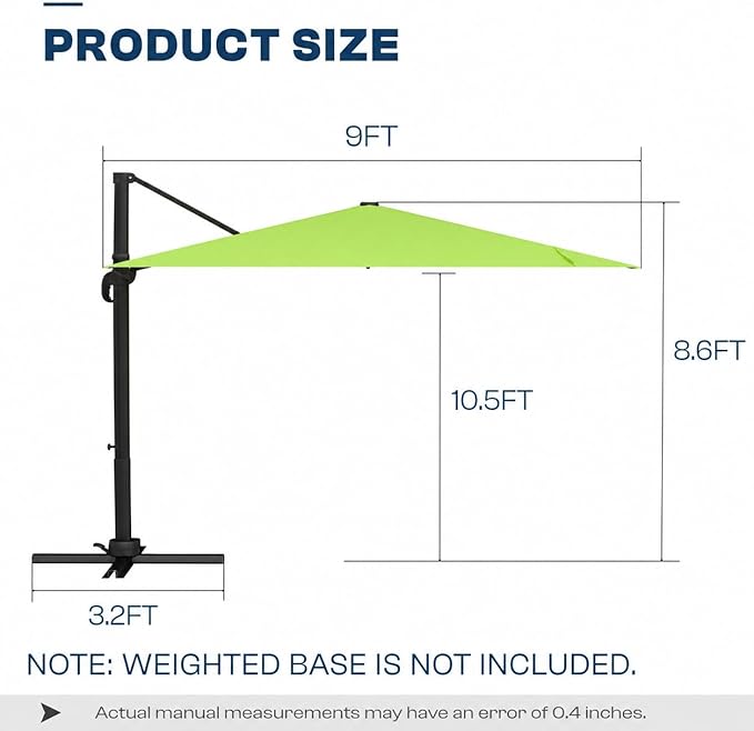 9x9 FT Square Cantilever Umbrella,Easy Tilt, Fade Resistant & 360° Rotation, Offset for Pool Deck Backyard Patioapple green (Base not Included)