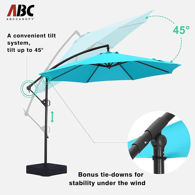 ABCCANOPY 10FT Cantilever Patio Umbrella with base included, 360° Rotation Outdoor Offset Umbrella Bonus Fix Frame & Weights Bag for Backyard, Deck, Poolside (Turquoise)