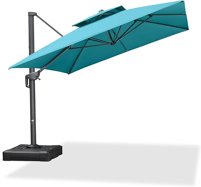 PURPLE LEAF 10' X 13' Cantilever Umbrella with Base Included Patio Outdoor Rectangle Umbrella Large Deck Umbrella Heavy Duty Market Sun Umbrella for Garden Backyard Pool Turquoise Blue