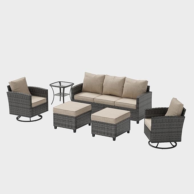 UDPATIO Patio Furniture Set, 6 Pieces Outdoor Sectional Couch, Gray Wicker Rattan Conversation Sofa with Swivel Rocking Chair, 4" Thick Cushion for Garden Backyard Deck, Khaki