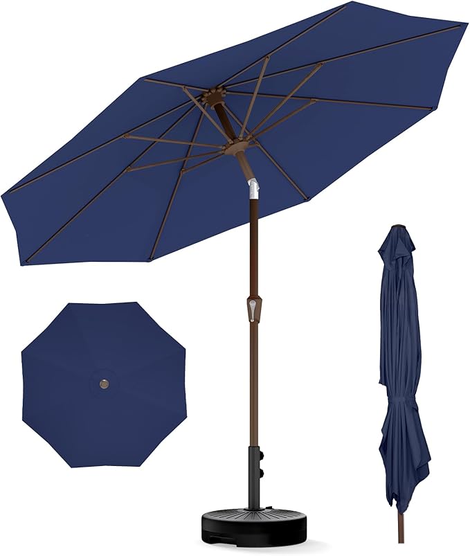 BRIOPAWS 9FT Patio Umbrella with Base Included | Outdoor Table Umbrellas | Push Button Tilt & Crank | 8 Sturdy Fiberglass Ribs | Waterproof | Heavy Duty for Garden Lawn DeckBackyard & Pool