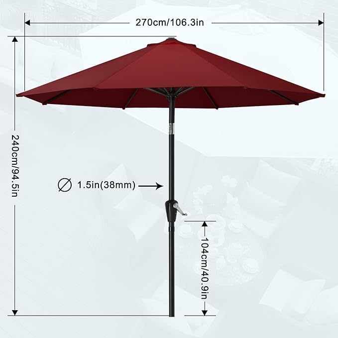 MASTERCANOPY 9FT Patio Umbrella with Push Button Tilt and Crank, Outdoor Market Umbrella with 8 Sturdy Ribs, UV Protection & Waterproof for Garden, Deck, Backyard, Pool (Burgundy)