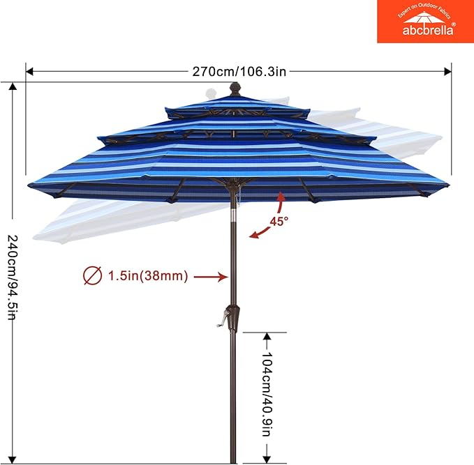 ABCCANOPY 5-Year 10-Year No Fading 9FT 3 Tiers Patio Umbrella, Outdoor Table Umbrella with 8 Sturdy Ribs for Deck, Backyard, Garden, Yard