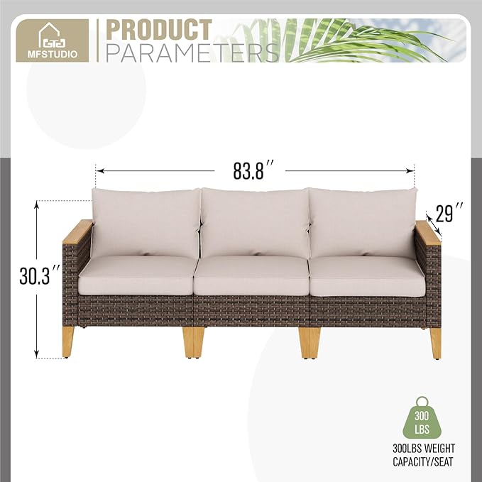 MFSTUDIO 3 Pieces Rattan Patio Furniture Sets, 3-Seat Outdoor Patio Sofa Set, Outdoor Sectional Sofa Patio Conversation Set for Garden, Backyard(Beige Cushions)