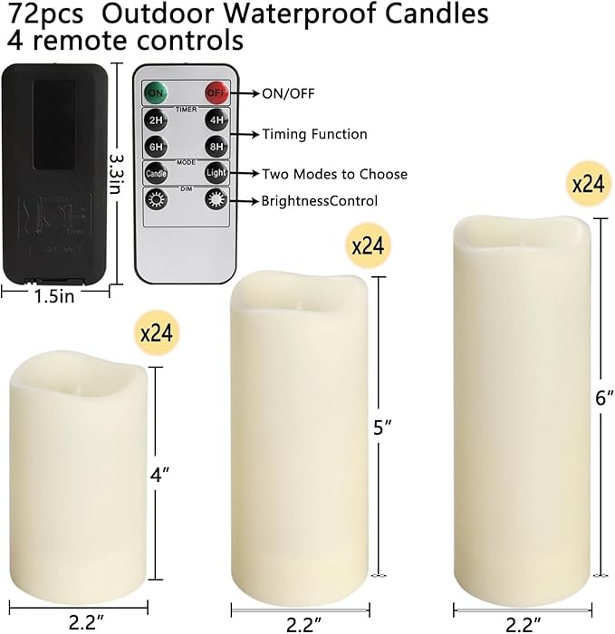 Enpornk Set of 72 Flameless Led Battery Opeated (D2.2'' x H4''5''6'') Waterproof Outdoor Indoor Candles with 10-Key Remotes and Cycling 24 Hours Timer