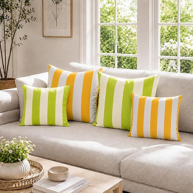 Pack of 2 Outdoor Waterproof Striped Pillow Covers Decorative Throw Covers | 20x20,Green Yellow Garden Cushion Covers, Farmhouse Pillowcases for Couch Sofa Patio Tent Balcony
