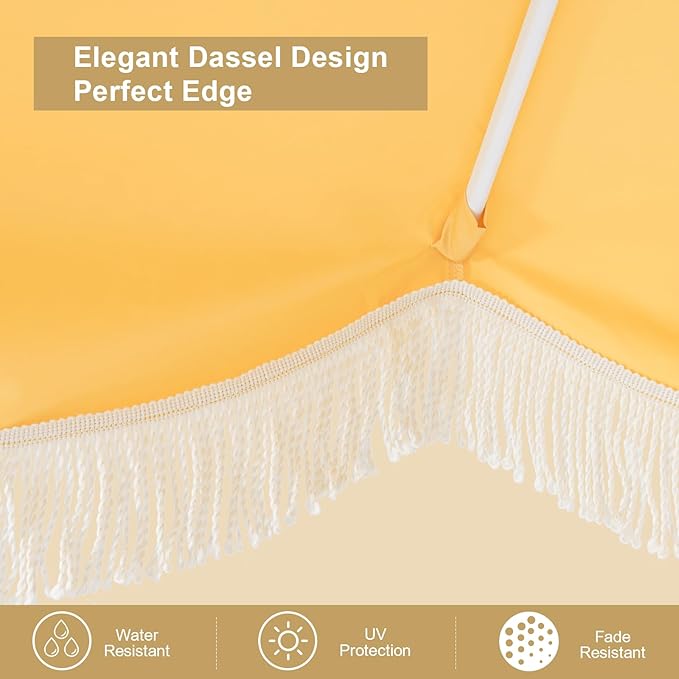 Tempera 9ft Yellow Scalloped Patio Umbrella with Fringe,UV Protection Fade Resistant Canopy, 8 Sturdy Ribs, Outdoor Table Umbrella with Crank Tilt for Lawn, Pool, Deck, Balcony