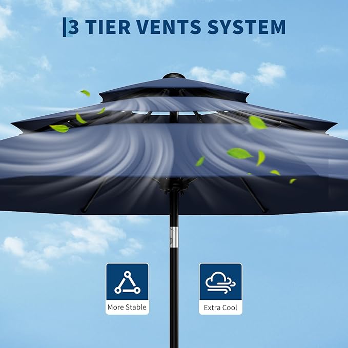 Garvee 10Ft 3-Tier Patio Umbrella, Outdoor Table Umbrella with Vents, Easy Crank and Push Button Tilt, Market Umbrella with 8 Sturdy Ribs for Pool, Deck, Yard, Garden -Navy Blue