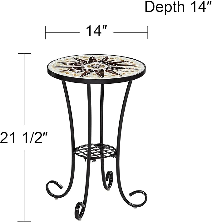 Teal Island Designs Sunburst Modern Black Metal Round Outdoor Accent Side Table 14" Wide Brown Mosaic Tabletop Gracefully Curved Legs for Spaces Front Porch Patio Home House Balcony Deck Shed Yard