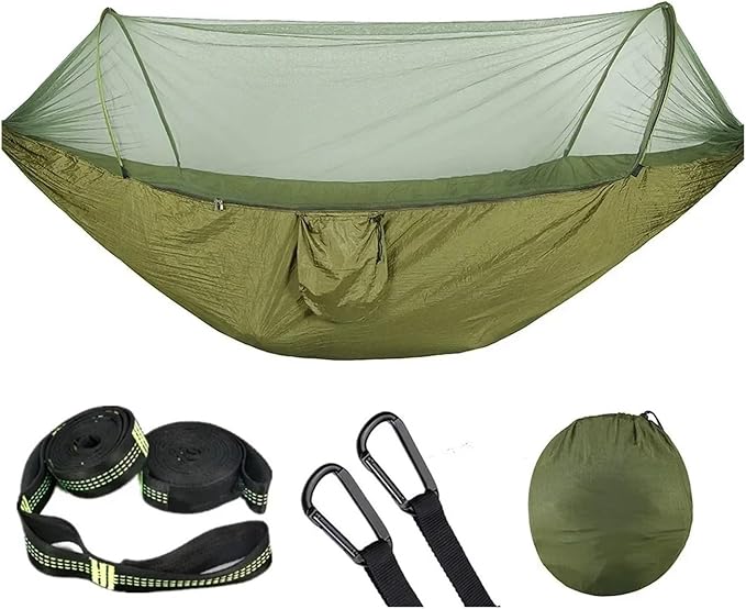 Hammock Camping Hammock with Mosquito Net Pop-Up Light Portable Outdoor Parachute Hammocks Swing Sleeping Hammock Camping Stuff Quick-Opening(Army Green-6 Rings)