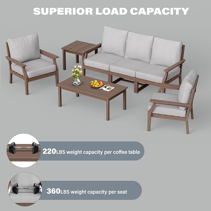HDPE Patio Conversation Set, 7-Piece All Weather Outdoor Furniture Set with 2 Single Armchairs for Deck, Lawn, with Cushion, Brown