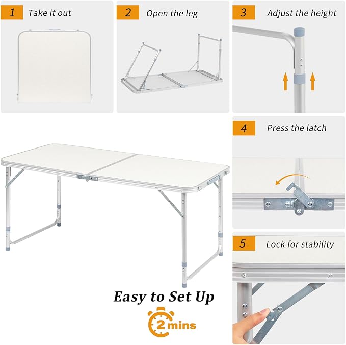 Aluminum Folding Camping Table,4ft Portable Folding Outdoor Table, 3 Adjustable Heights Lightweight Aluminum Table, with Carry Handle for Camping, Beach, BBQ,，Party，Camp Kitchen