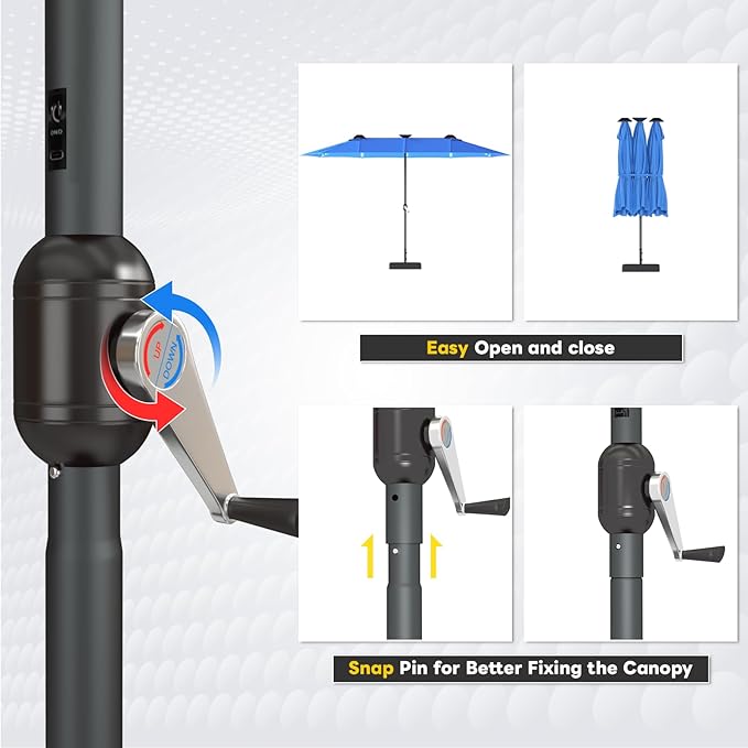 AECOJOY 15ft Double-Sided Patio Umbrella with Solar Lights, Outdoor Rectangle Market Large Patio Umbrella with Base Include|Crank Handle|156 PCS LED Lights for Garden Pool in Dark Blue(1.9" Pole)