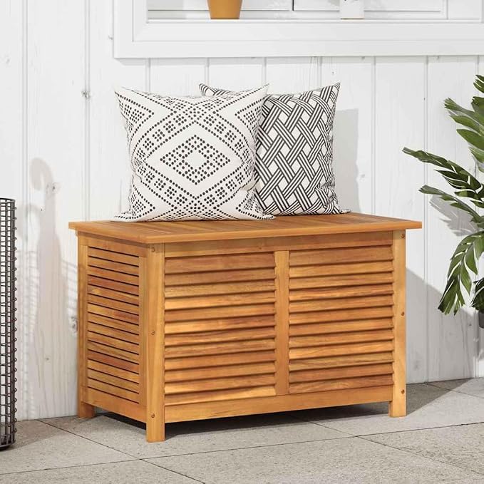 Garden Storage Box with Louver 35.4x19.7x22 Outdoor Furniture Cushion Organizer, Solid Acacia Wood Patio Deck Box, Water-Resistant Bag, Multi-Use Side Table for Backyard, Porch, Poolside