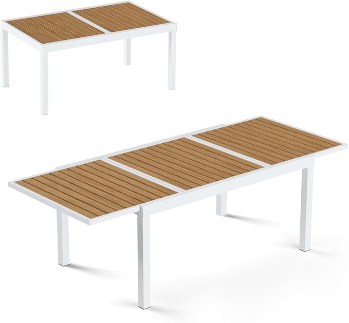 ZANDOR Expandable Patio Dining Table for 4-8 People, Aluminum Outdoor Square Table(55"- 82.7") with Safety Lock, Adjustable Height - Wood Grain for Backyard, Garden, Porch, Yard, Poolside,White