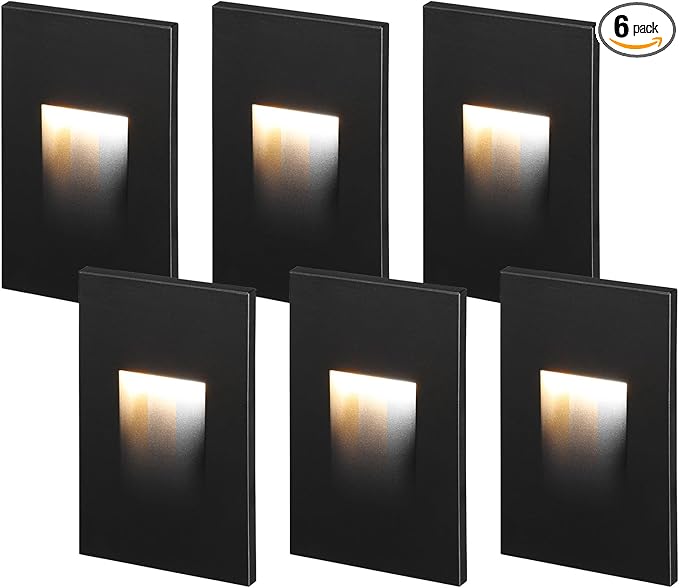 LEONLITE 5CCT 120V LED Step Lights, 3.5W 150LM 5%-100% Dimmable Indoor Outdoor Waterproof Vertical Stair Light, 2700K/3000K/3500K/4000K/5000K Selectable, CRI90, ETL, Aluminum, Black, Pack of 6