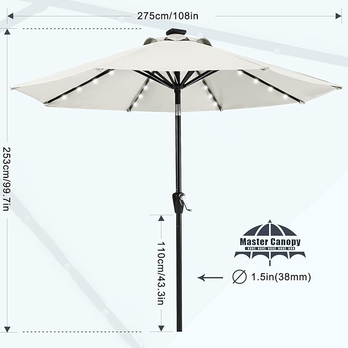 MASTERCANOPY 9FT 8Ribs Patio Umbrella with 32 Solar LED Lights, Outdoor Market Umbrella with Tilt & Crank, UV Protection & Fade Resistant Fabric, Easy Set-Up for Garden, Deck, Pool (Light Beige)