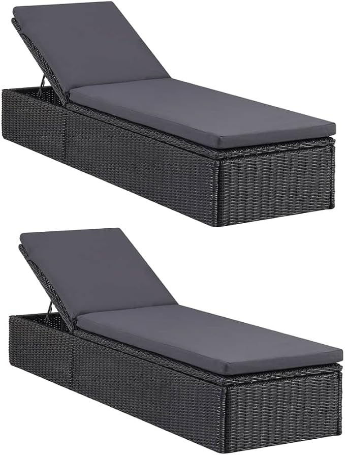 9pc Patio Dining Set Black/Dark Grey 78.7 Acacia Top PE Rattan Chairs 2 Sun Loungers Powder-Coated Steel Seats 8