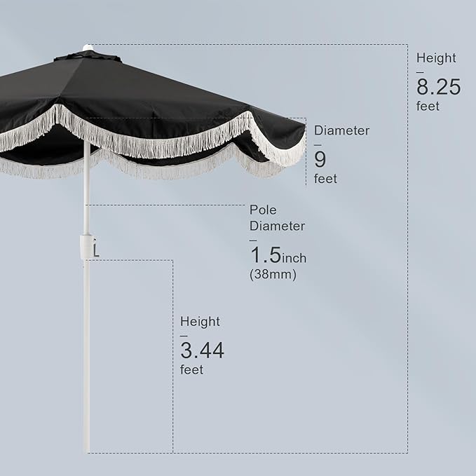 Tempera 9ft Auto Tilt Scalloped Patio Umbrellas with Fringe, Outdoor Table Umbrellas with Fade Resistant Canopy, 8 Sturdy Rids, Luxurious Vintage Umbrellas for Lawn, Pool, Deck, Balcony
