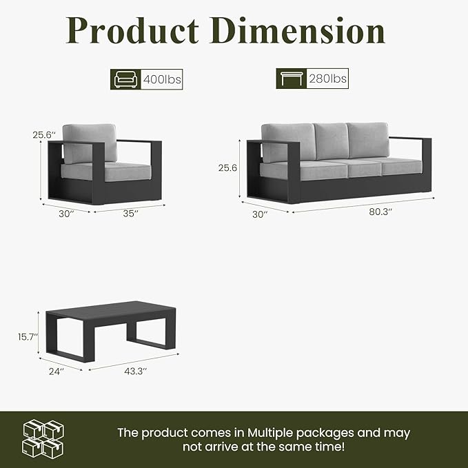 LayinSun Oversized Aluminum Outdoor Furniture Set, 4 Piece Patio Sofa Sets with Coffee Table, Deep Seating and Upgraded 6-inch Cushions for Porch, Balcony, Deck
