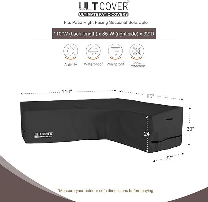 ULTCOVER Patio L-Shaped Right Facing Sofa Cover Waterproof for 6-Seater Outdoor Sectional Furniture Couch 110”W (Back Length) x 85”W (Right Side), Black
