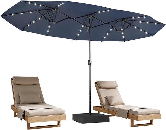 Suteck 15FT Patio Umbrella with Base & Solar Lights Included - Double-Sided Outdoor Large Umbrella with & Crank Handle, UV & Fade Resistant Canopy for Poolside, Backyard, Deck and Market, Dark Blue