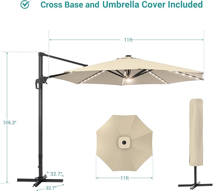 FLAME&SHADE 11 ft Cantilever Offset Patio Umbrella, Large Heavy Duty Outdoor Patio Umbrella Aluminum 360° Rotation Round Outdoor Umbrella for Deck,Pool,Backyard