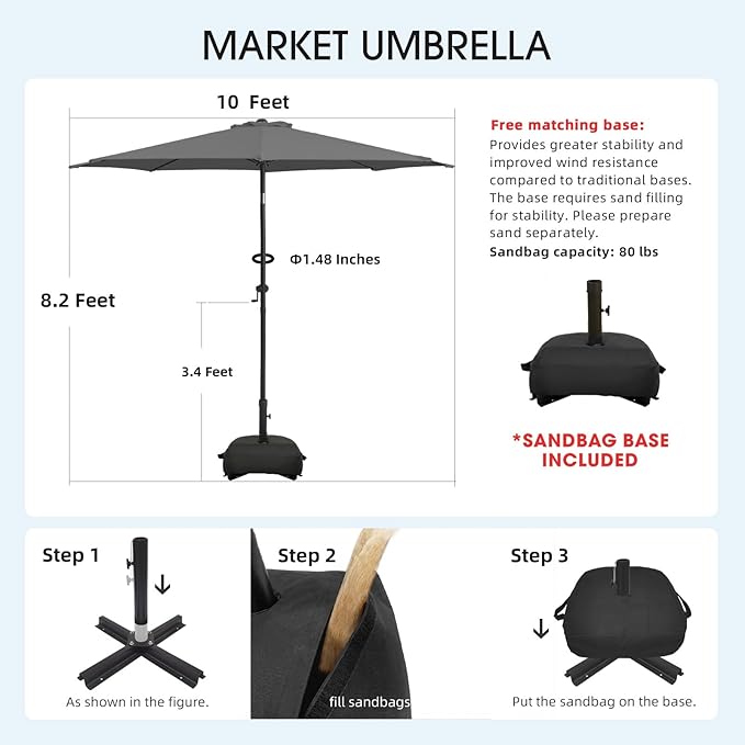 wikiwiki 10FT Patio Umbrella with Base, Outdoor Umbrellas with Base Included, 8 Sturdy Ribs, Waterproof Fade Resistant POLYESTER DTY Canopy for Deck, Lawn, Garden, Backyard & Pool, Dark Gray