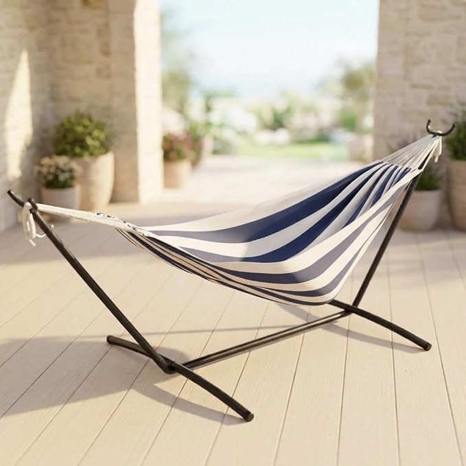 Double Hammock with Foldable Steel Stand and Carry Bag, 450LBS Weight Capacity Indoor Outdoor Standing Hammock, Portable Cotton Hammock for Garden Patio Camping Beach