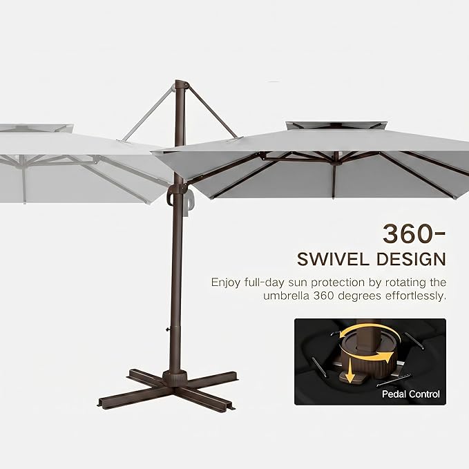 Kingdura Cantilever Patio Umbrella with Double Top Vent, Large Square Aluminum Outdoor Offset Umbrella with 360-degree Rotation, Infinite Tilt, UV Protection for Pool Deck Garden Patio