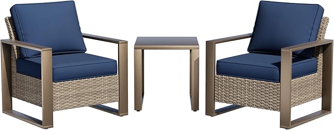 Outdoor Wicker Metal Chairs Set of 2 with Matching Side Table - 3 Pieces Patio Bistro Set with Removable Olefin Fabric Cushions & Rectangular Framed Wood-Looking Metal Armrest, Dark Blue