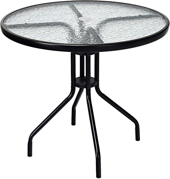 Tangkula 32” Outdoor Dining Table Round, Tempered Glass Top Steel Frame with 1.6 inch Umbrella Hole, All Weather Patio Side Table for Backyard Lawn Balcony Poolside or Garden