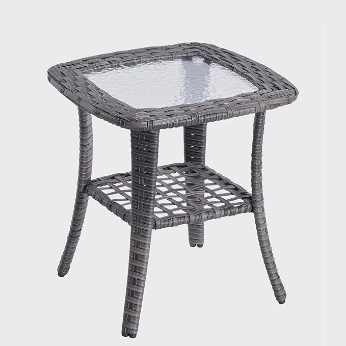 HOOOWOOO Outdoor Patio Side Table with 2 Layers,Wicker Coffee End Table Glass Top,Deck Table for Yard,Deck,Porch,Garden(Grey)