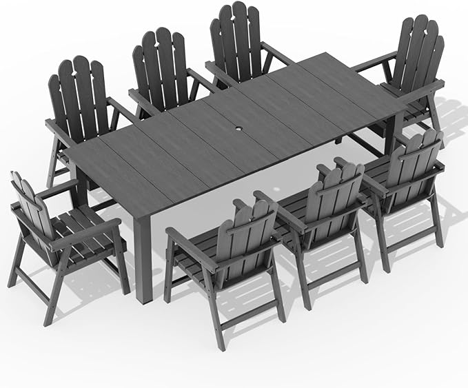 9 Piece Outdoor Table and Chairs Set for 8, Patio Dining, Gray | 89.4” table,oversize 8 seat patio dining set, durable HDPE wood-look, stable and spacious design for family gatherings