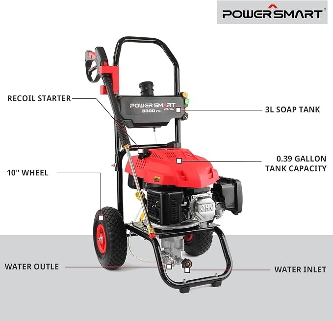 PowerSmart 3500 PSI Gas Pressure Washer with 2.5 GPM Flow Rate, 3800W Power, Onboard Soap Tank, Spray Gun & Wand, and 5-Nozzle Set for Cleaning Cars, Fences, Driveways, Homes, and Patios