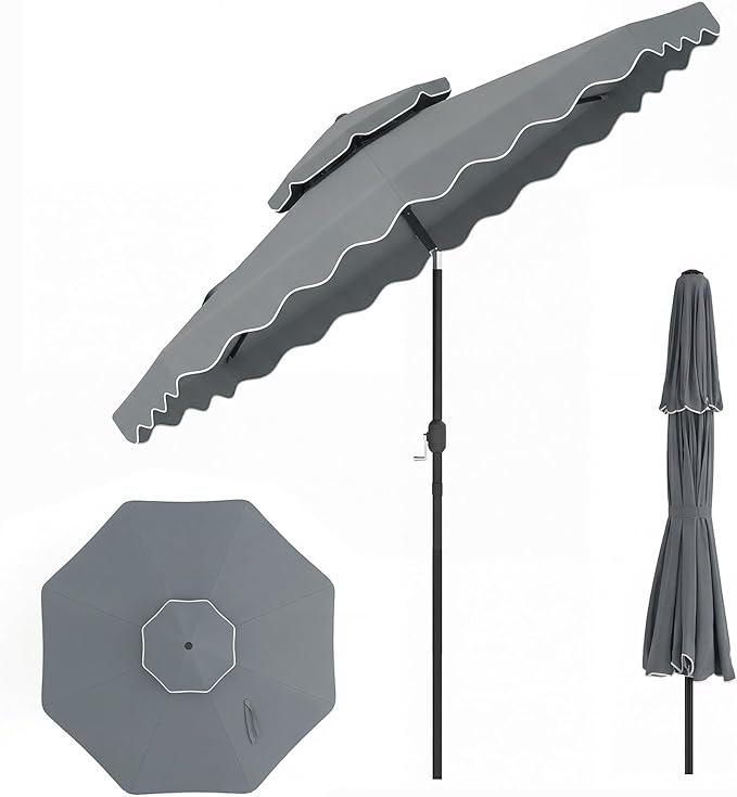 Happygrill 9 FT Patio Umbrella, Scalloped Outdoor Table Market Umbrella with Push Button Tilt & Crank, 2-Tier Vented Top, Heavy-Duty 8 Metal Ribs, Sun-Protective Canopy, Ruffle for Deck Pool Garden (Gray)