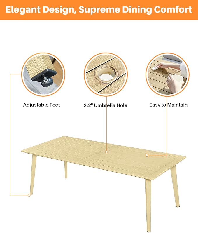 Outdoor Patio Dining Table for 8, Never-Rust Aluminum Outdoor Dining Table with 2.2" Umbrella Hole, 8 Person Outdoor Patio Dining Table Furniture for Decks, Garden, Porch, Lawn, Maple Wood
