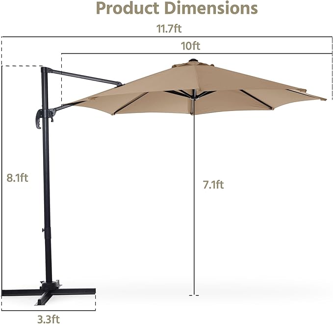 LAUSAINT HOME 10FT Round Outdoor Cantilever Umbrella, Offset Patio Umbrella with 360° Rotation & 5-Angle Adjustment, Aluminum Pool Umbrella for Garden Deck, Khaki