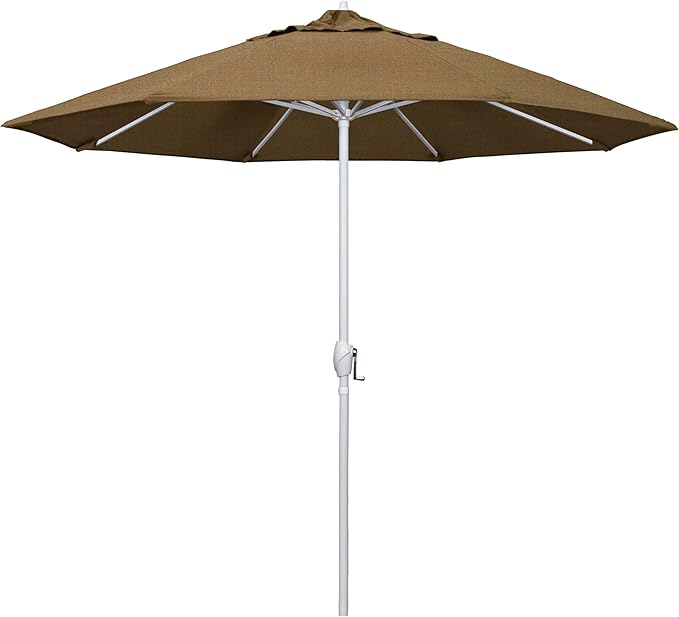 California Umbrella 12-Year Protection 9' Rd Aluminum Patio Umbrella, Crank Lift, Auto Tilt, White Finish, Sunbrella Linen Sesame