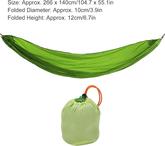 Portable Parachute Camping Hammock, Lightweight Outdoor Hammock with Aluminum Snap Hooks and Storage Bag for Hiking, Travel, and Picnics, 200kg Load Capacity (Grass Green)