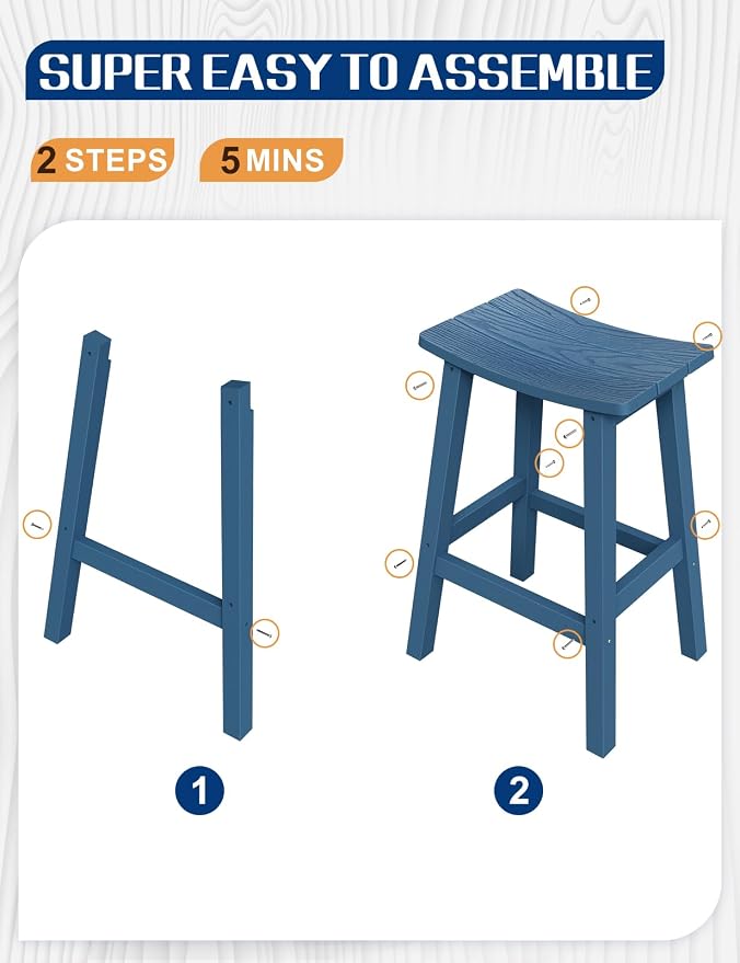 Weatherproof Bar Stools Set of 4, 28" Height Outdoor Bar Stools Holds up to 400 lbs, Saddle Seat, Bar Height Stools for Patio, Garden, and Kitchen Island, Blue