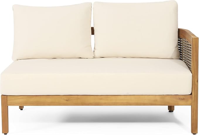 Christopher Knight Home Burchett Outdoor 5 Seater Sectional Sofa Chat Set with Fire Pit - Acacia Wood and Round Wicker - Teak/Mixed Brown/Beige/Light Gray
