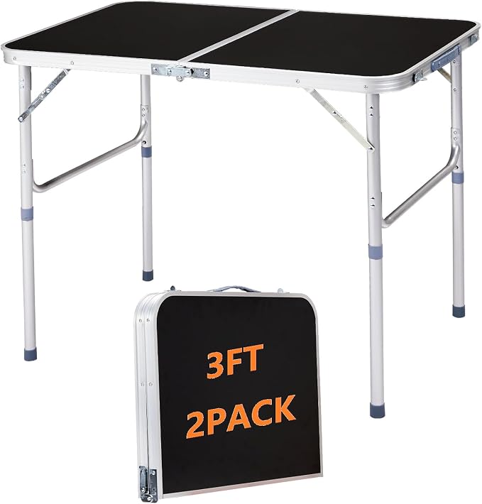 3-Ft Small Folding Picnic Table with Adjustable Height, Lightweight Portable Utility Tables for Travel BBQ Fishing RV Car Tailgate Camping Beach Outdoor Essentials, MDF Tabletop, Black 2 Pack