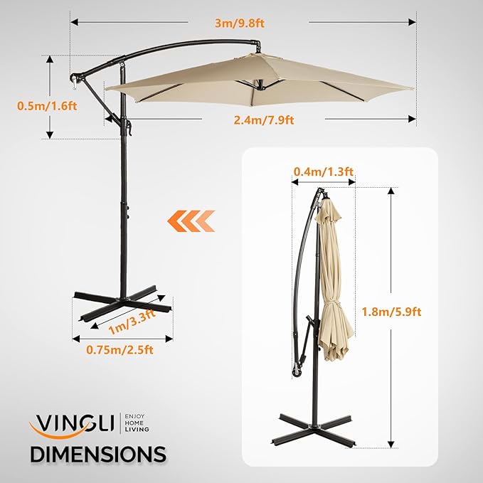 VINGLI 10 ft Cantilever Patio Umbrella, Offset Cantilever Outdoor Umbrella with Solar Lights, Easy Crank & Tilt Adjustment for Backyard, Poolside, Deck