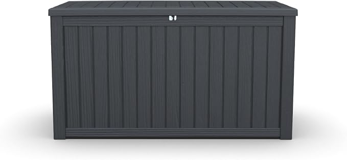 Large Outdoor Storage Deck Box, Resin Patio Container with Lockable Lid, Hydraulic Lift, Wood Texture Panels, Bench Table Function for Cushions Garden Tools Pool Gear Sports Equipment (180 Gallon)