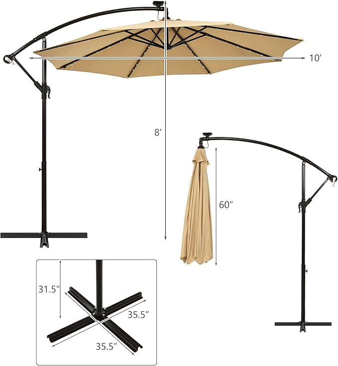 Tangkula 10 Ft Patio Offset Umbrella, 40 LED Lighted Market Umbrella W/8 Sturdy Ribs, Easy Tilt Adjustment & Crank, Polyester Shade, Ideal for Backyard, Garden, Seaside, Store, Pool (Beige)