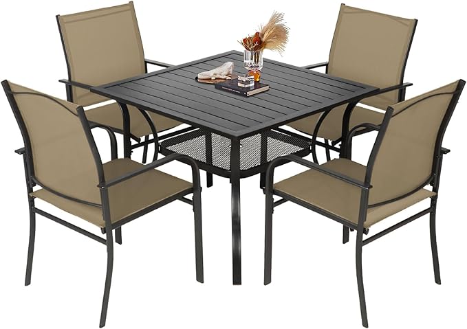 5-Piece Patio Dining Set,4 Person Outdoor Table and Chairs Set, 4 Metal Dining Chairs and Square Outdoor Table with 1.57" Umbrella Hole,Khaki