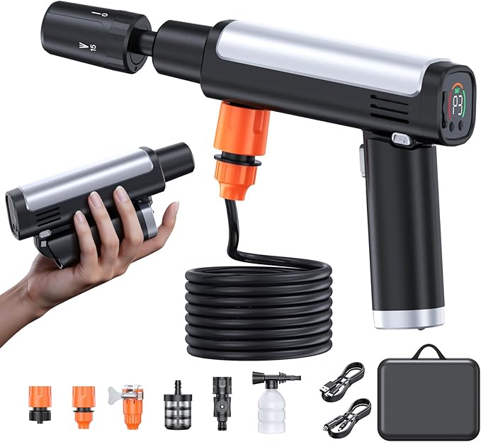 Foldable Pressure Washer Portable Battery Washer with 5-in-1 Nozzle, 3 Levels & LCD Display, Handheld Washer for Car, Bike, Patio & Camping (Black)